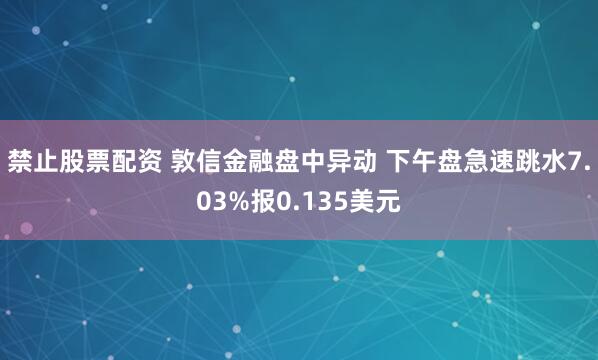 禁止股票配资 敦信金融盘中异动 下午盘急速跳水7.03%报0.135美元